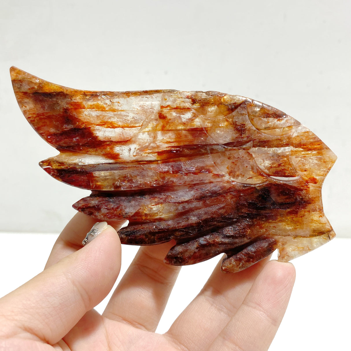 Red Fire Quartz Heart Wing Carving With Stand