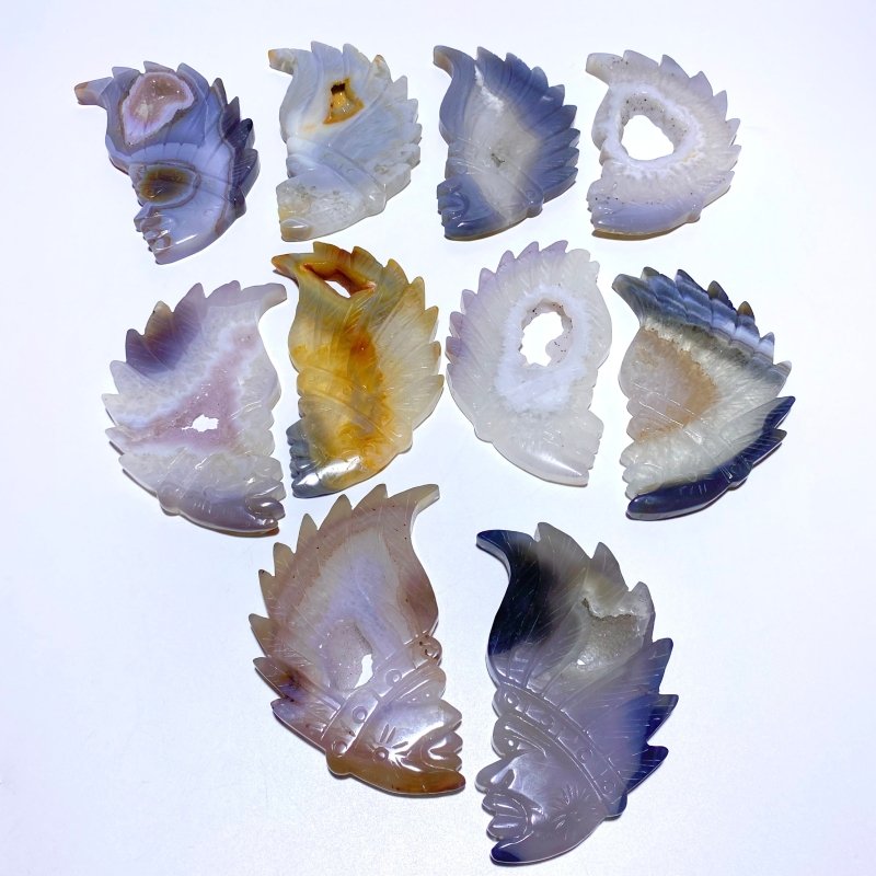 10 Pieces Geode Agate Druzy Indian Feathers Carving - Wholesale Crystals