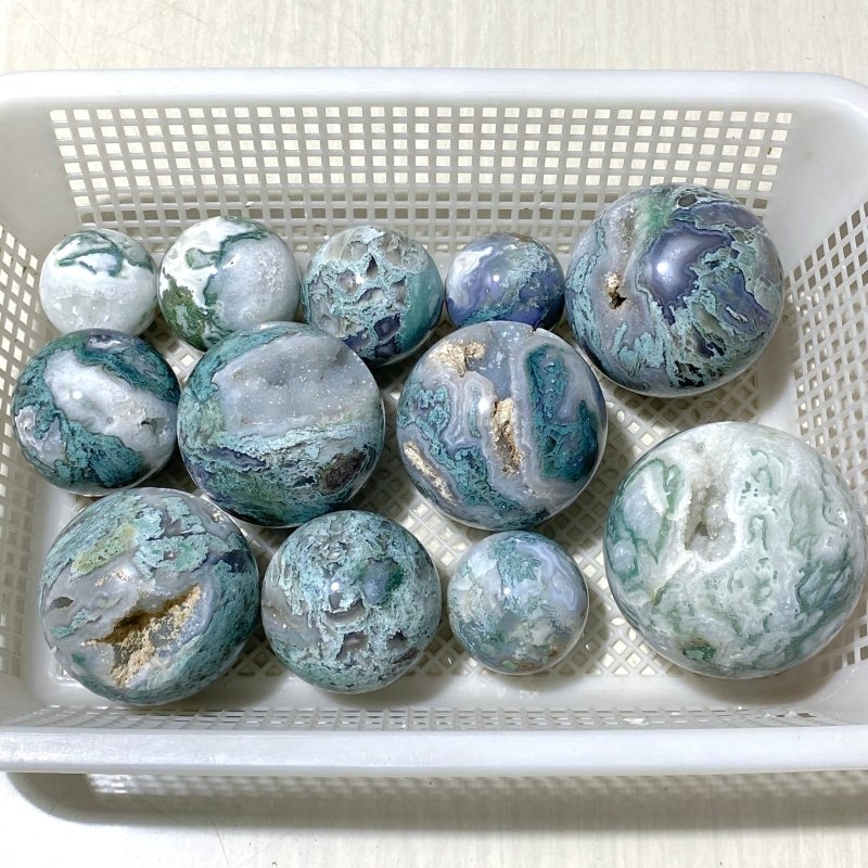 12 Pieces Geode Druzy Moss Agate Spheres - Wholesale Crystals