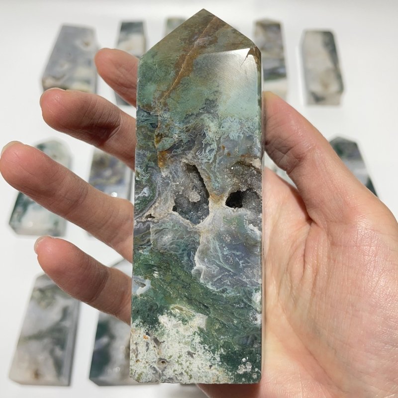 17 Pieces Geode Moss Agate Druzy Four - Sided Points - Wholesale Crystals