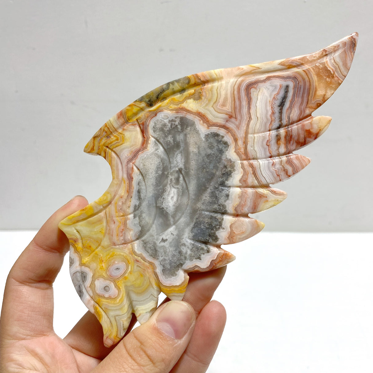Unique Crazy Agate Demon And Angel Wing Carving With Stand