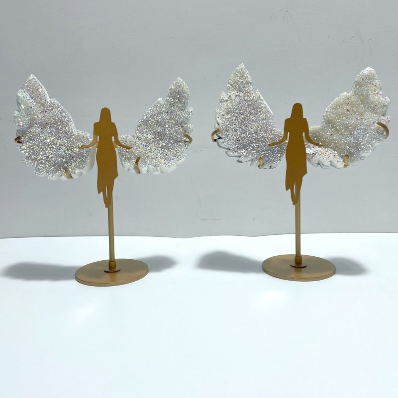 2 Pairs Beautiful Aura Quartz Cluster Angel Wing Carving With Stand - Wholesale Crystals