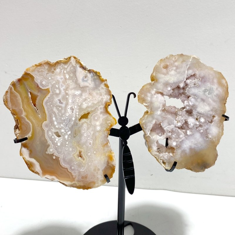 2 Pairs Geode Druzy Sakura Flower Agate Butterfly Wing With Stand - Wholesale Crystals