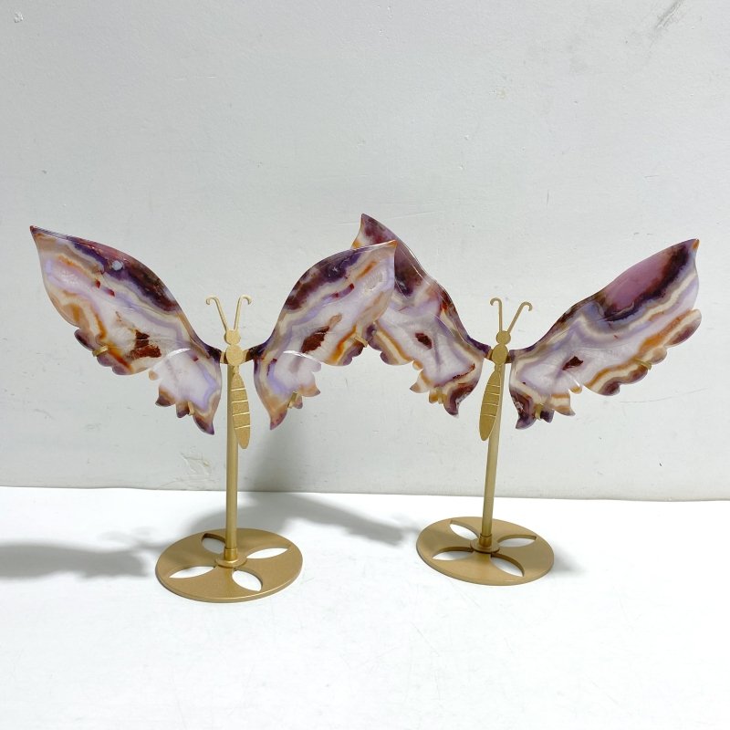2 Pairs Sakura Flower Agate Butterfly Wing Carving With Stand - Wholesale Crystals
