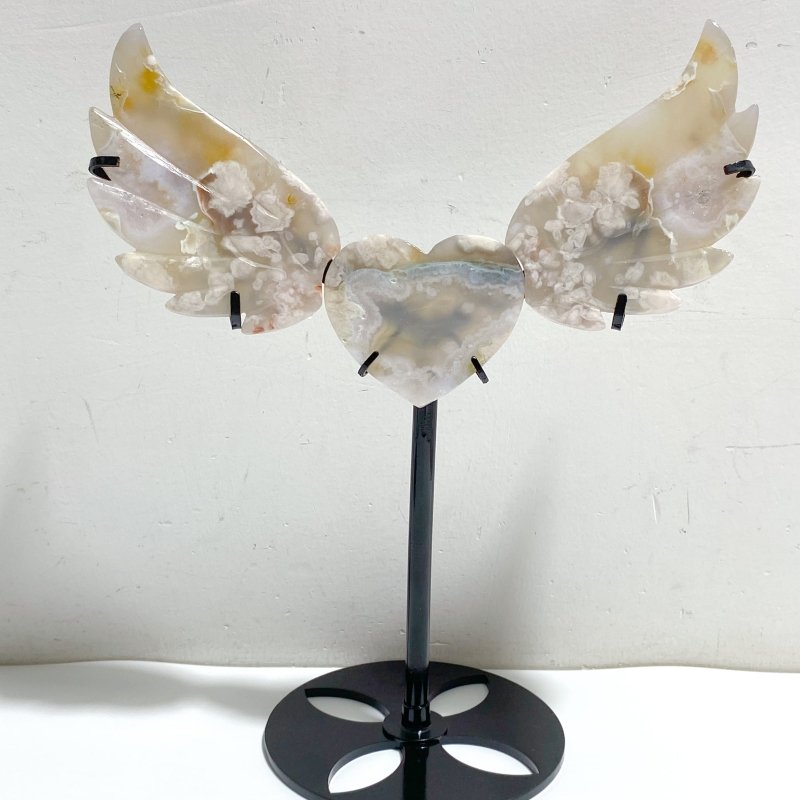 2 Pairs Sakura Flower Agate Heart Wing Carving With Stand -Wholesale Crystals