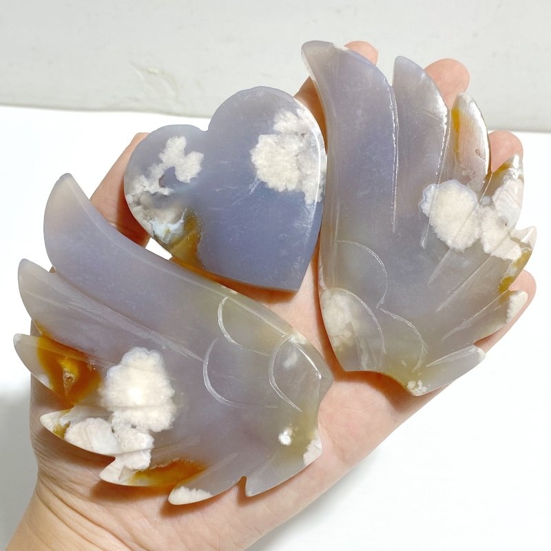2 Pairs Sakura Flower Agate Heart Wing Carving With Stand -Wholesale Crystals