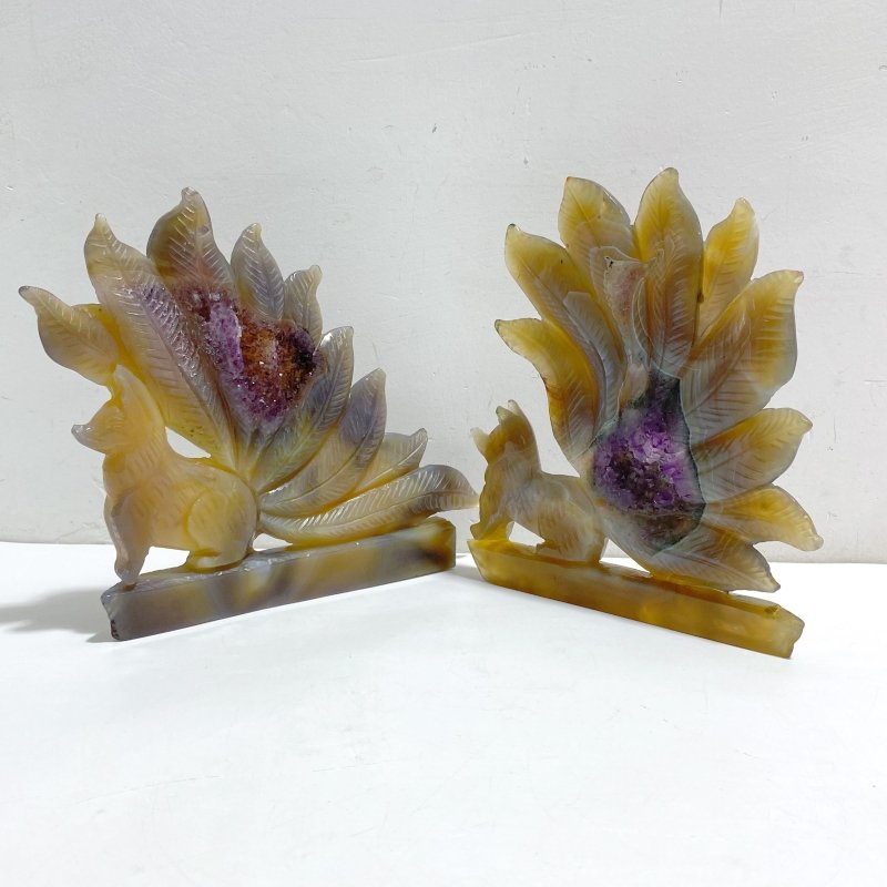 2 Pieces Geode Agate Druzy Nine-tailed Fox Carving 16 -Wholesale Crystals