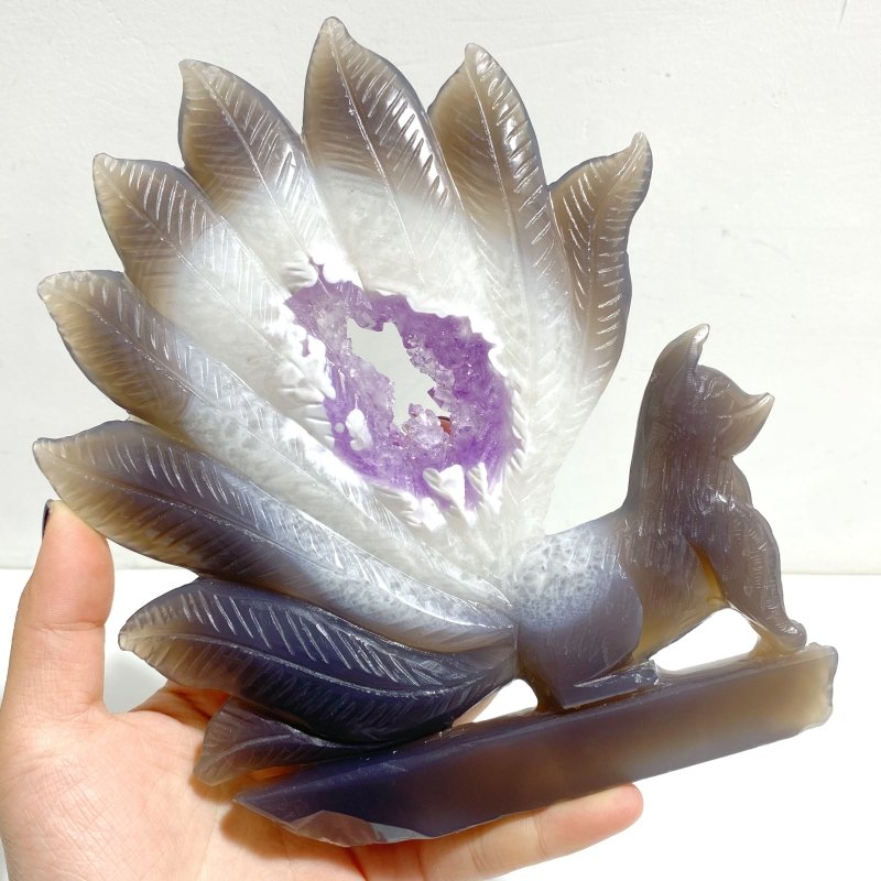 2 Pieces Geode Druzy Agate Nine - tailed Foxes Carving 2 - Wholesale Crystals