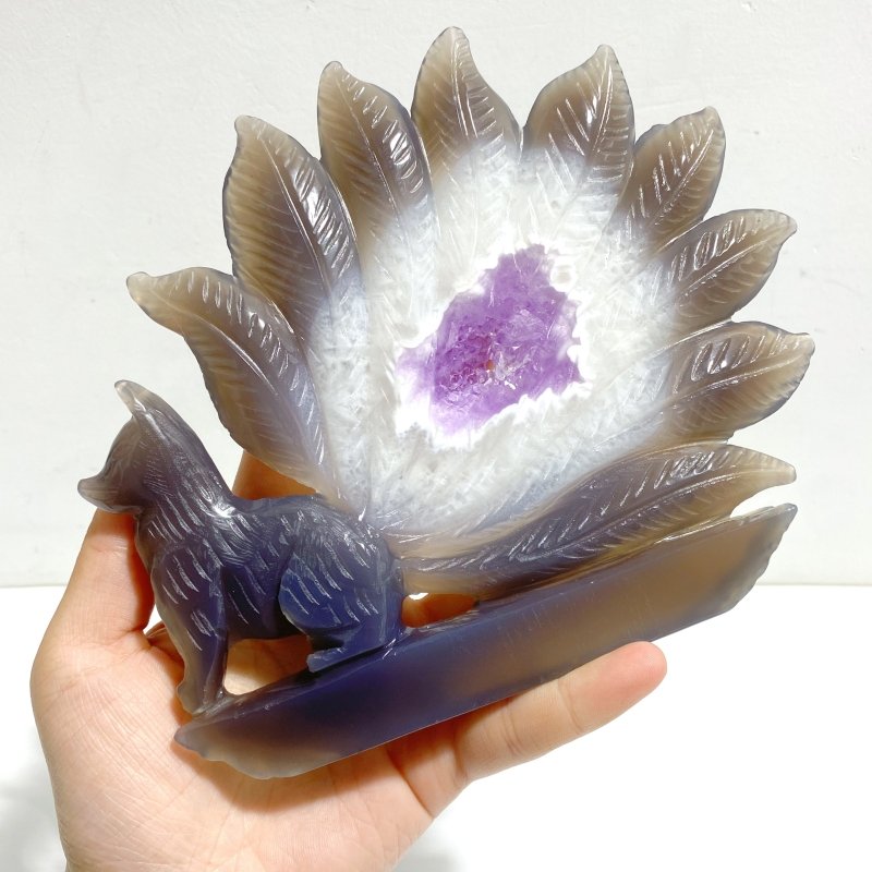 2 Pieces Geode Druzy Agate Nine - tailed Foxes Carving 2 - Wholesale Crystals