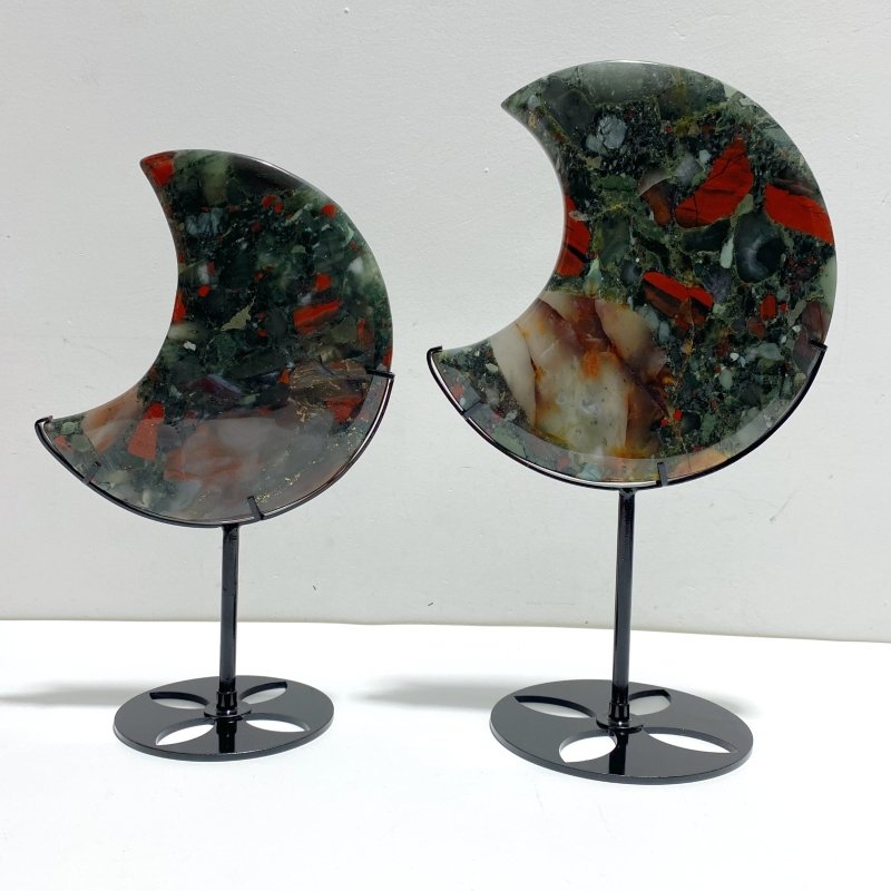 2 Pieces Large Africa Blood Stone Moon Carving With Stand - Wholesale Crystals