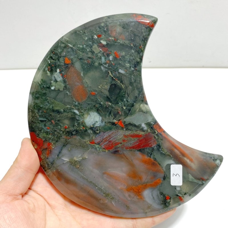 2 Pieces Large Africa Blood Stone Moon Carving With Stand - Wholesale Crystals