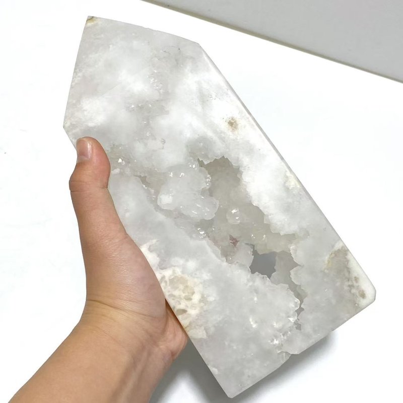 2 Pieces Large Geode Druzy White Moss Agate Four - sided Points - Wholesale Crystals