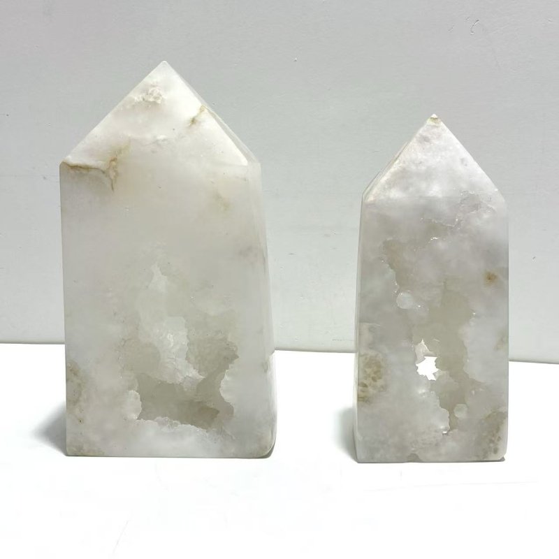 2 Pieces Large Geode Druzy White Moss Agate Four - sided Points - Wholesale Crystals