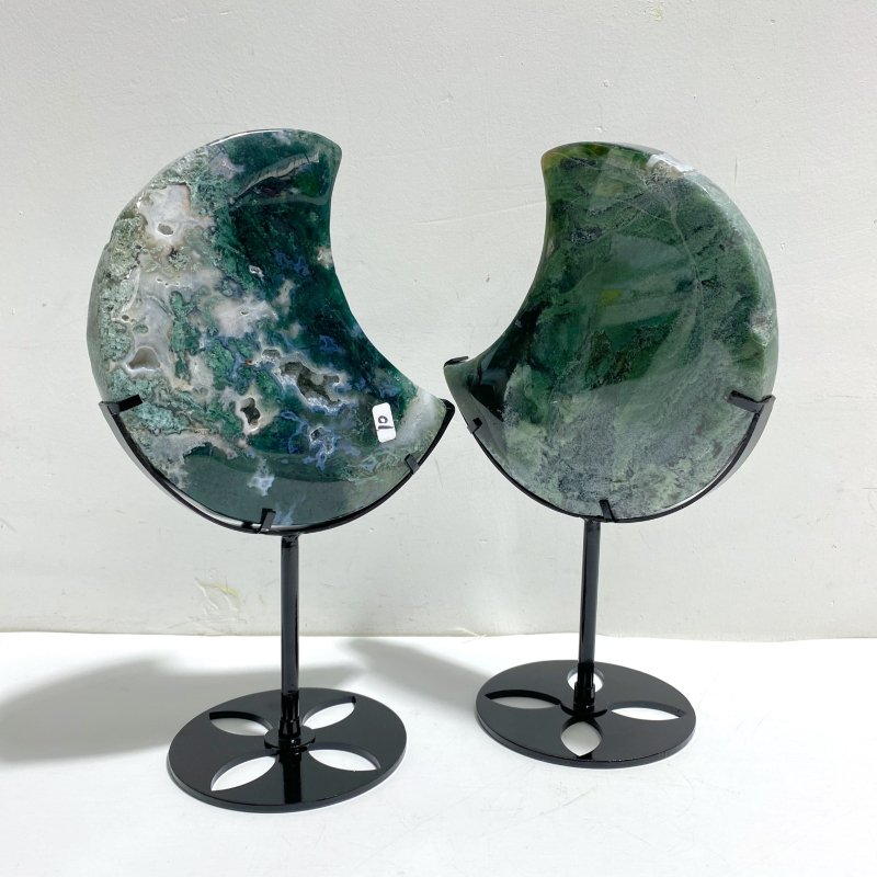 2 Pieces Large Moss Agate Moon With Stand 5 - Wholesale Crystals