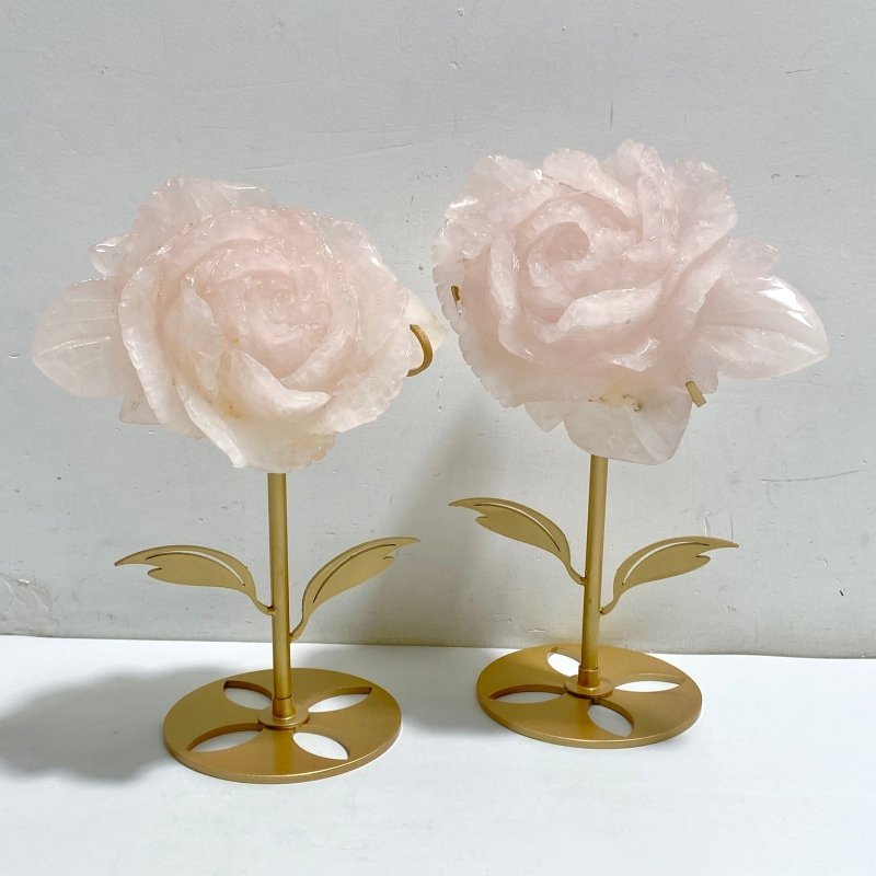 2 Pieces Rose Quartz Flower Carving With Stand -Wholesale Crystals