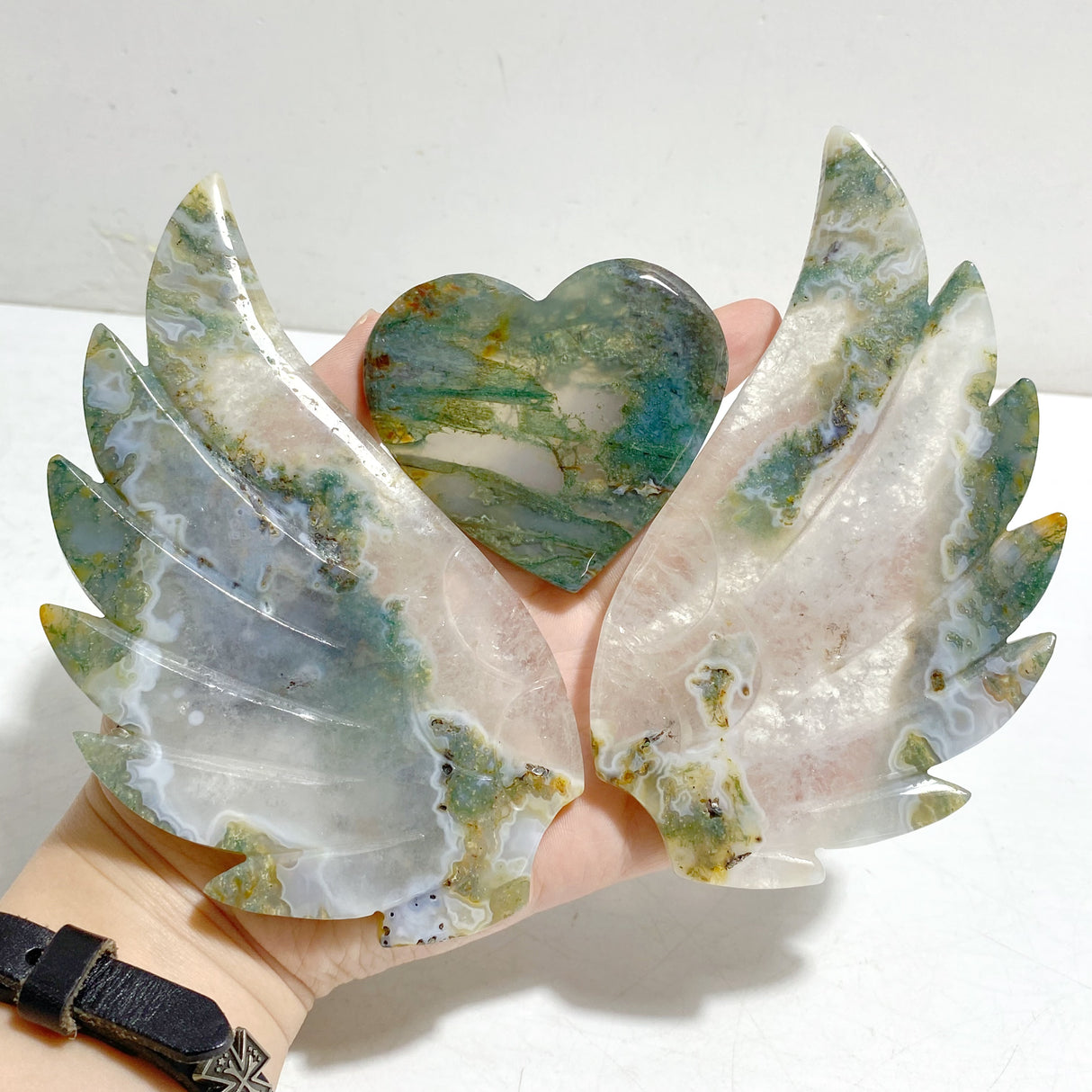 Moss Agate Heart Wing Carving With Stand