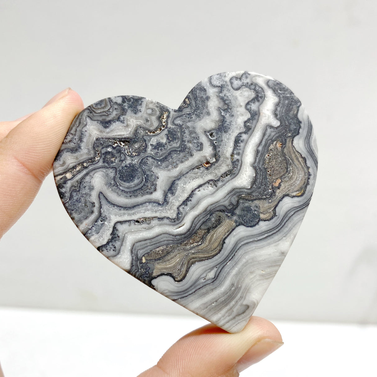 Gray Lace Agate Heart Wing Carving With Stand