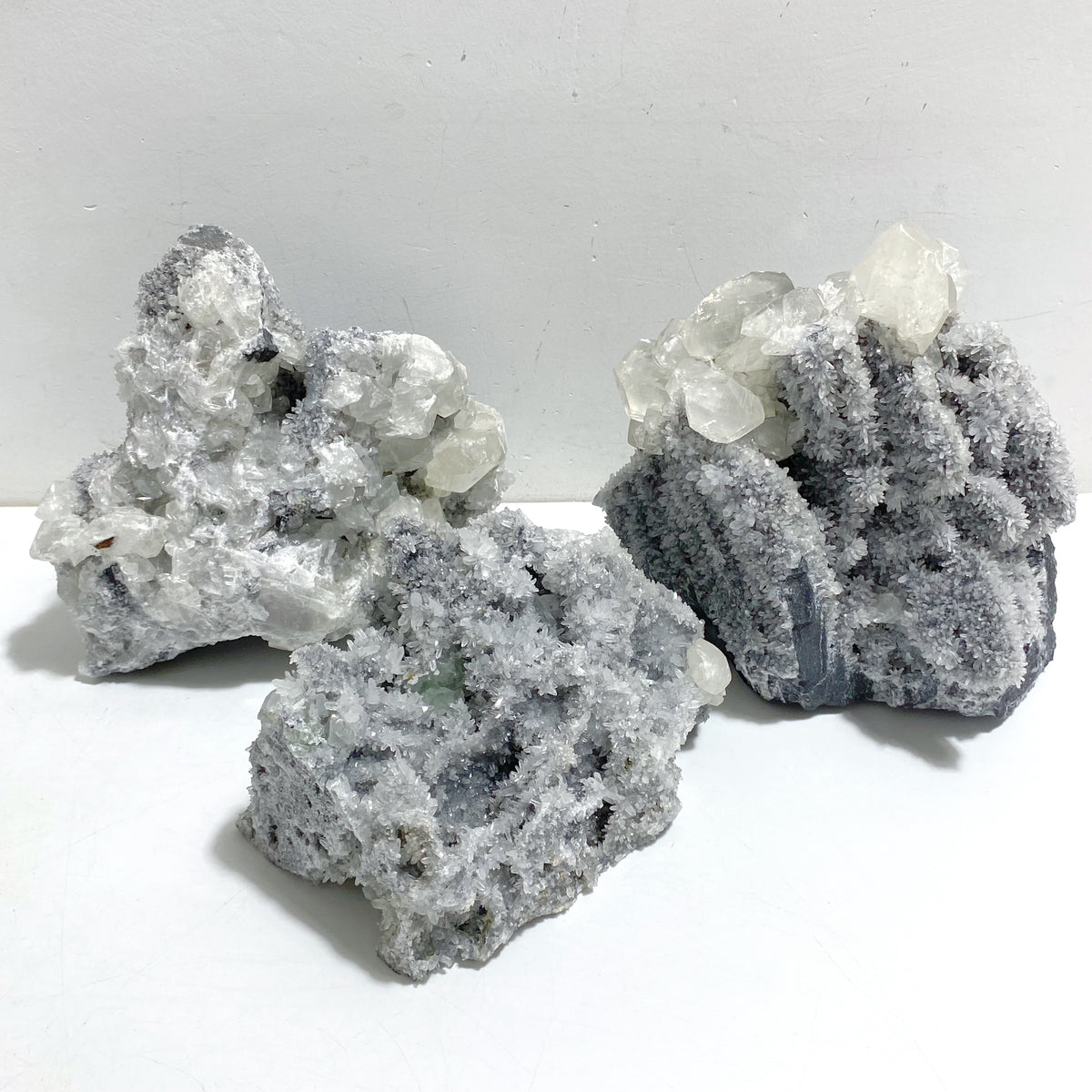 3 Pieces Large Black Clear Quartz Cluster Mixed Calcite Specimen