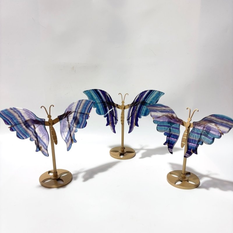 3 Pairs Rainbow Fluorite Butterfly Carving With Stand -Wholesale Crystals