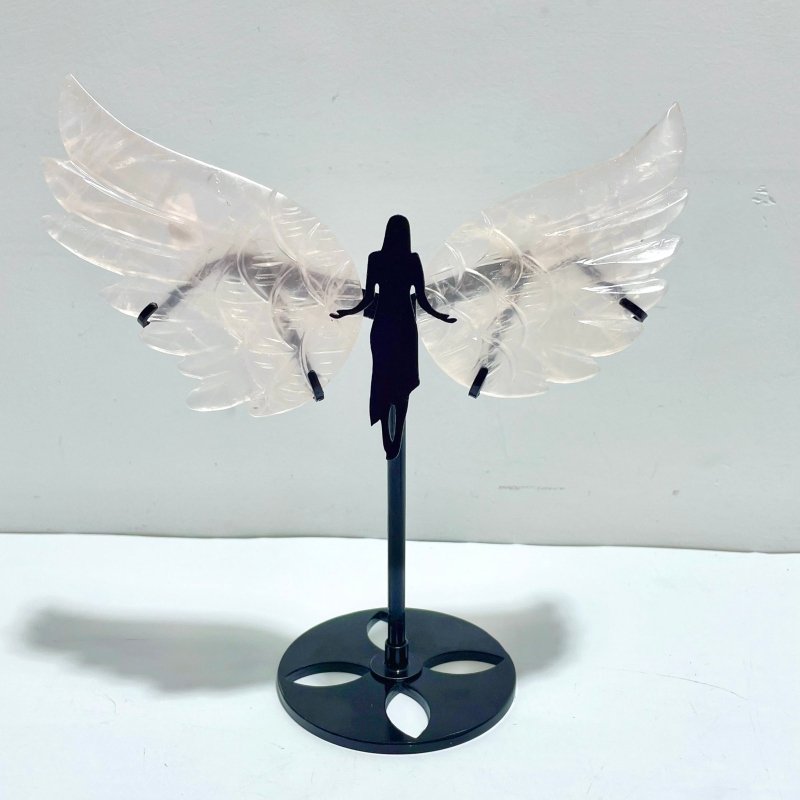 3 Pairs Rose Quartz Angel Wing Carving With Stand - Wholesale Crystals