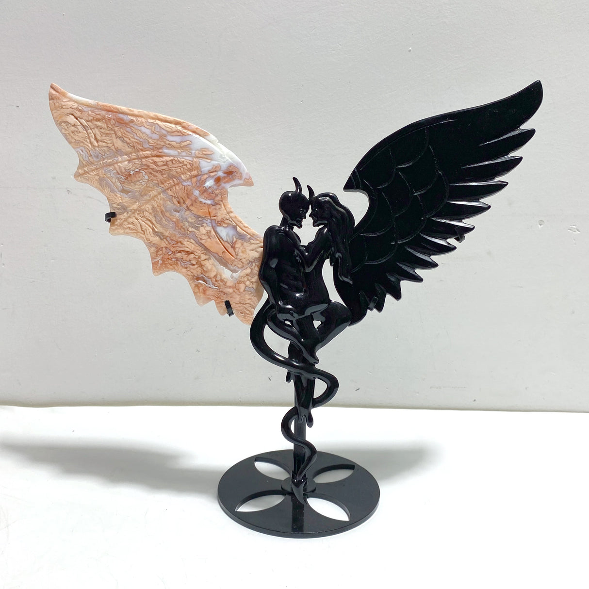 Unique Pink Agate Black Obsidian Demon and Angel Wing Carving With Stand