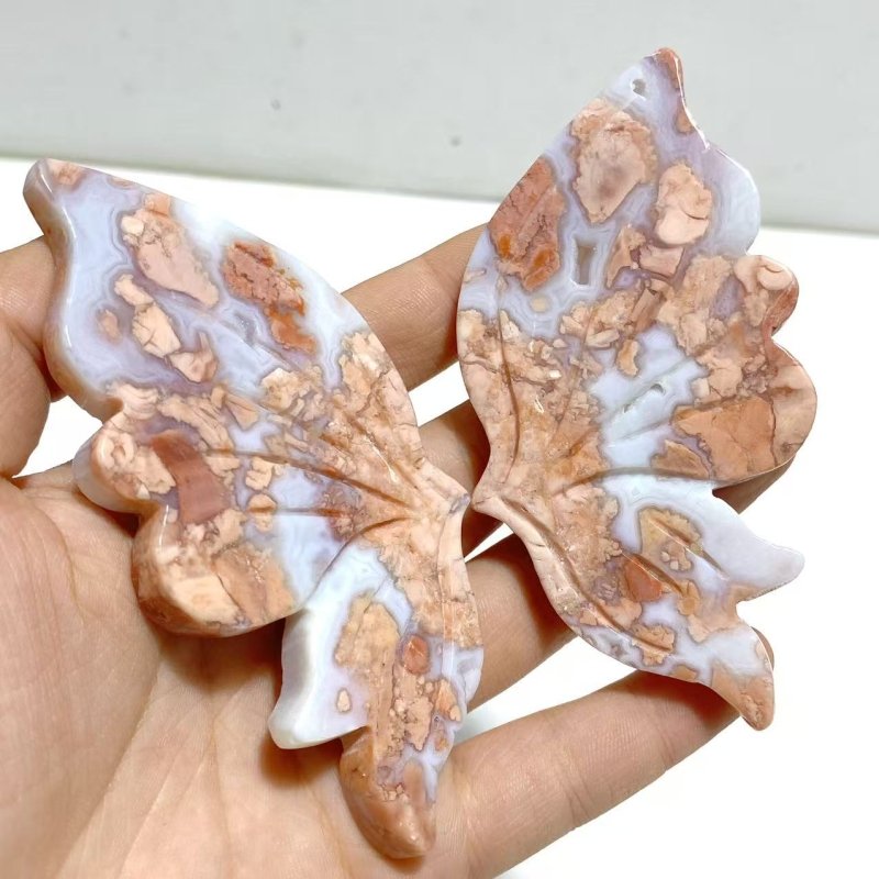 4 Pairs Pink Agate Butterfly Wing Carving With Stand - Wholesale Crystals