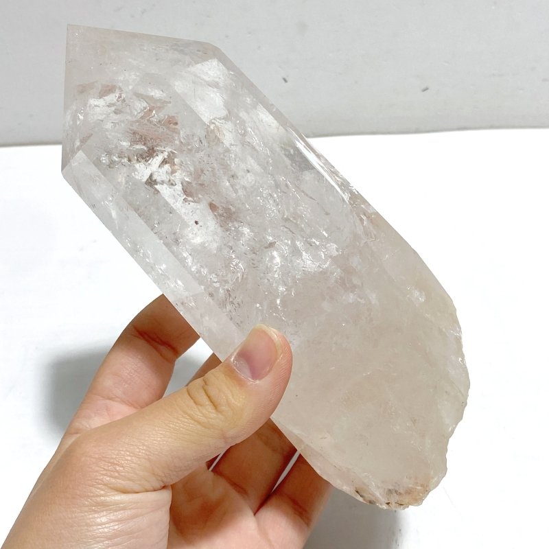 4 Pieces Large Clear Quartz Point With Rainbow Raw Bottom With Stand 3 - Wholesale Crystals