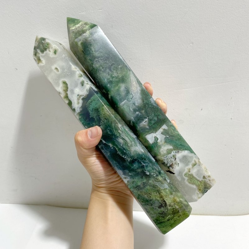 4 Pieces Tall Green Moss Agate Points -Wholesale Crystals