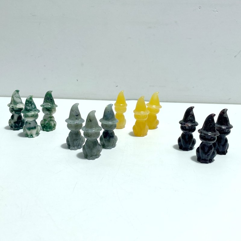 4 Types Halloween Ghost Cat Carving Wholesale Moss Agate Labradorite Yooperlite Yellow Calcite - Wholesale Crystals