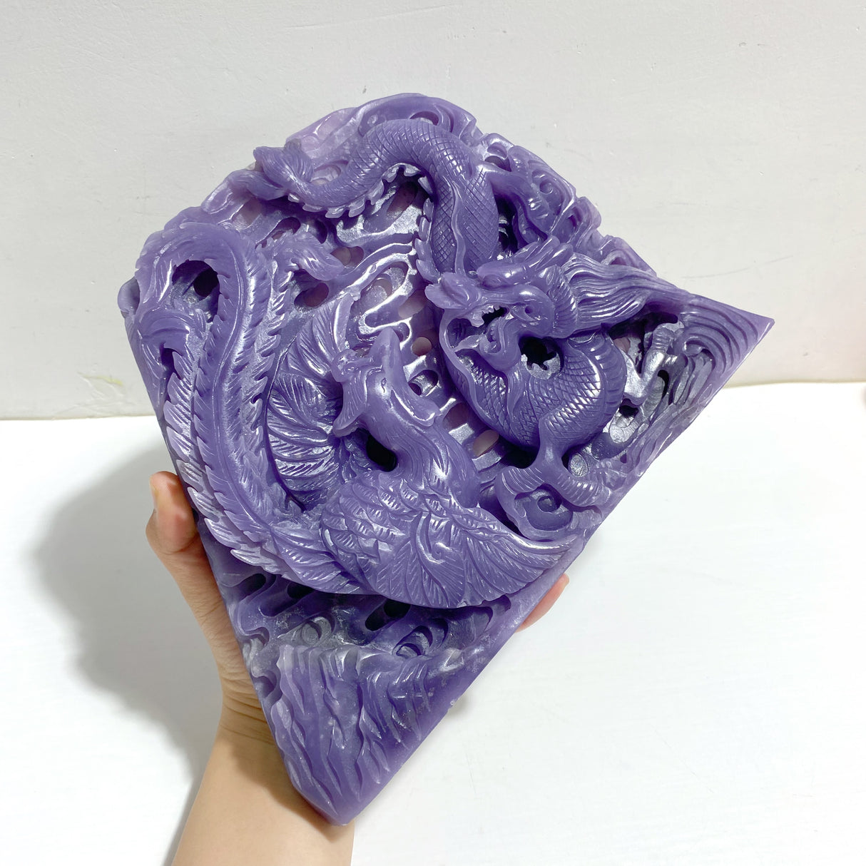 Unique Purple Jade Chinese Dragon&Phoenix Carving