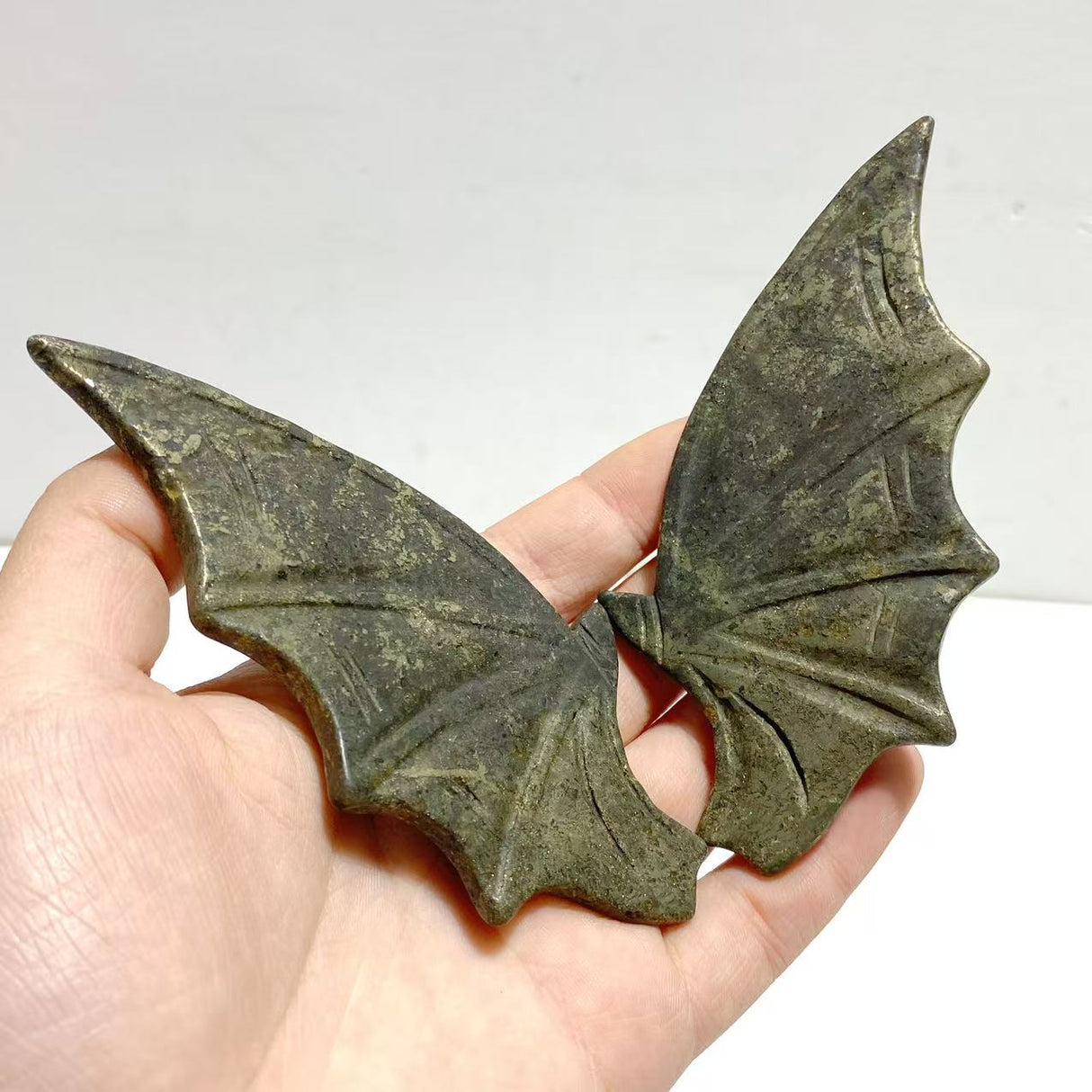 4 Pairs Pyrite Bat Wing Carving With Stand