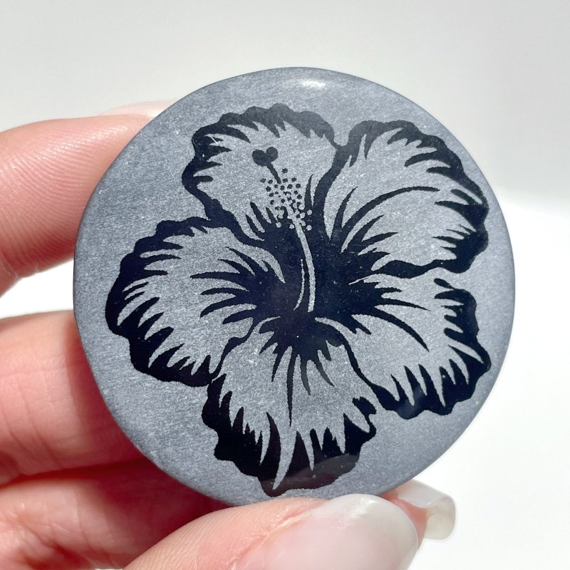 4cm Black Obsidian Hawaiian Flowers Engraved Round Slices DIY Wholesale - Wholesale Crystals