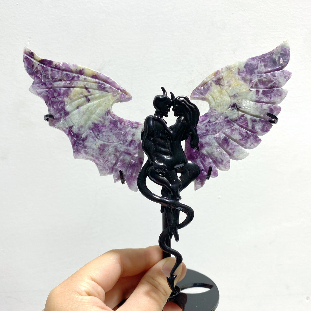 4 Pairs Spark Lepidolite Demon Angel Wing Carving With Stand