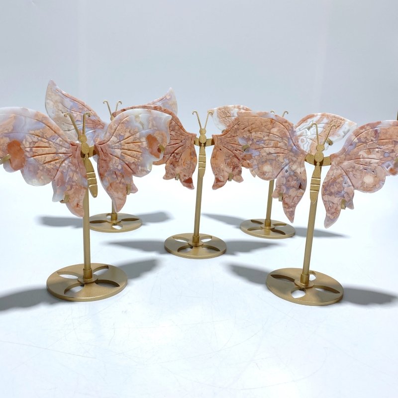 5 Pairs Pink Agate Butterfly Wing Carving With Stand - Wholesale Crystals