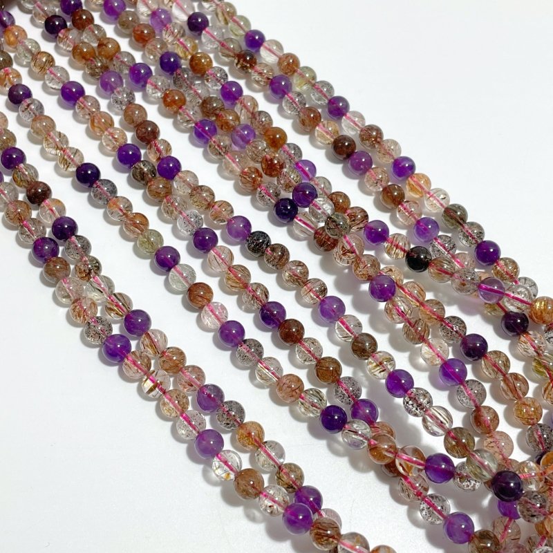 5 Pieces 7mm Super 7 Amethyst Beads 3 - Loop Bracelet/Necklace For DIY - Wholesale Crystals