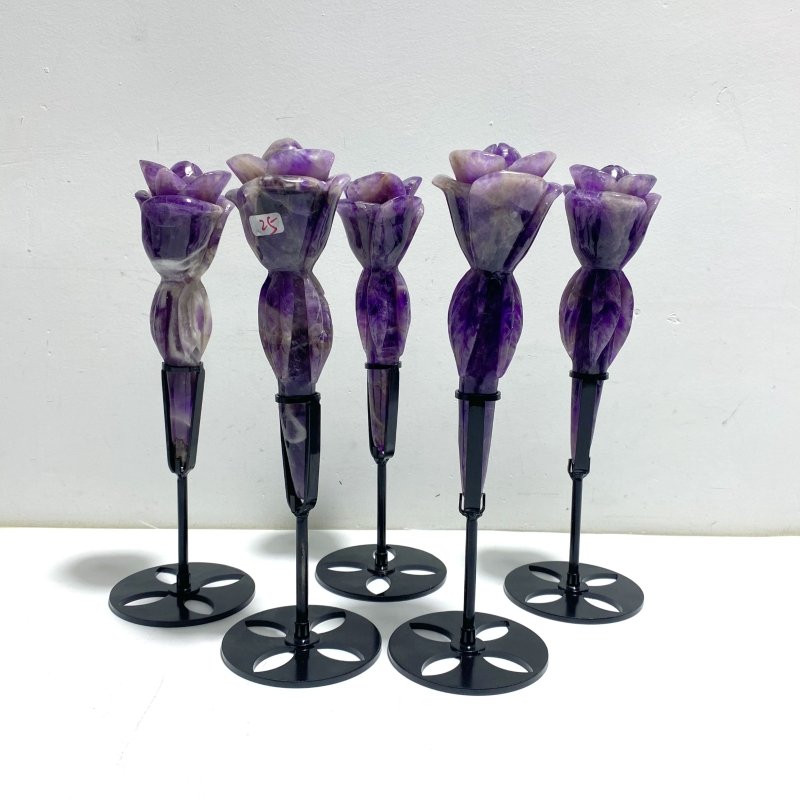 5 Pieces Chevron Amethyst Flower Carving With Stand - Wholesale Crystals
