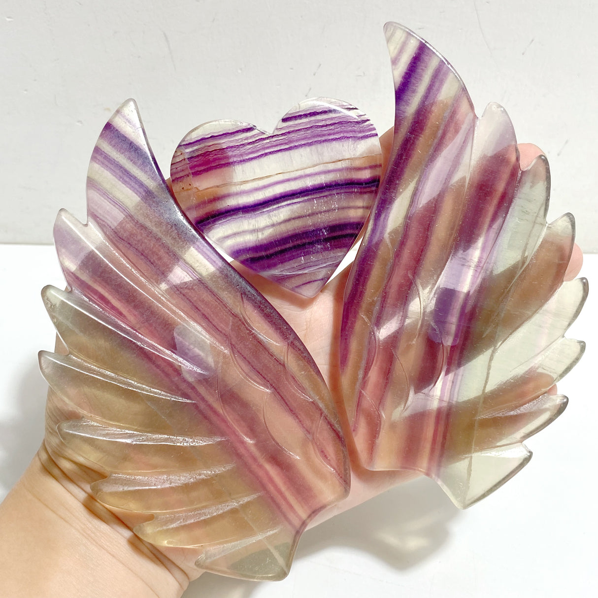 Unique Symmetrical Fluorite Heart Wing Carving With Stand