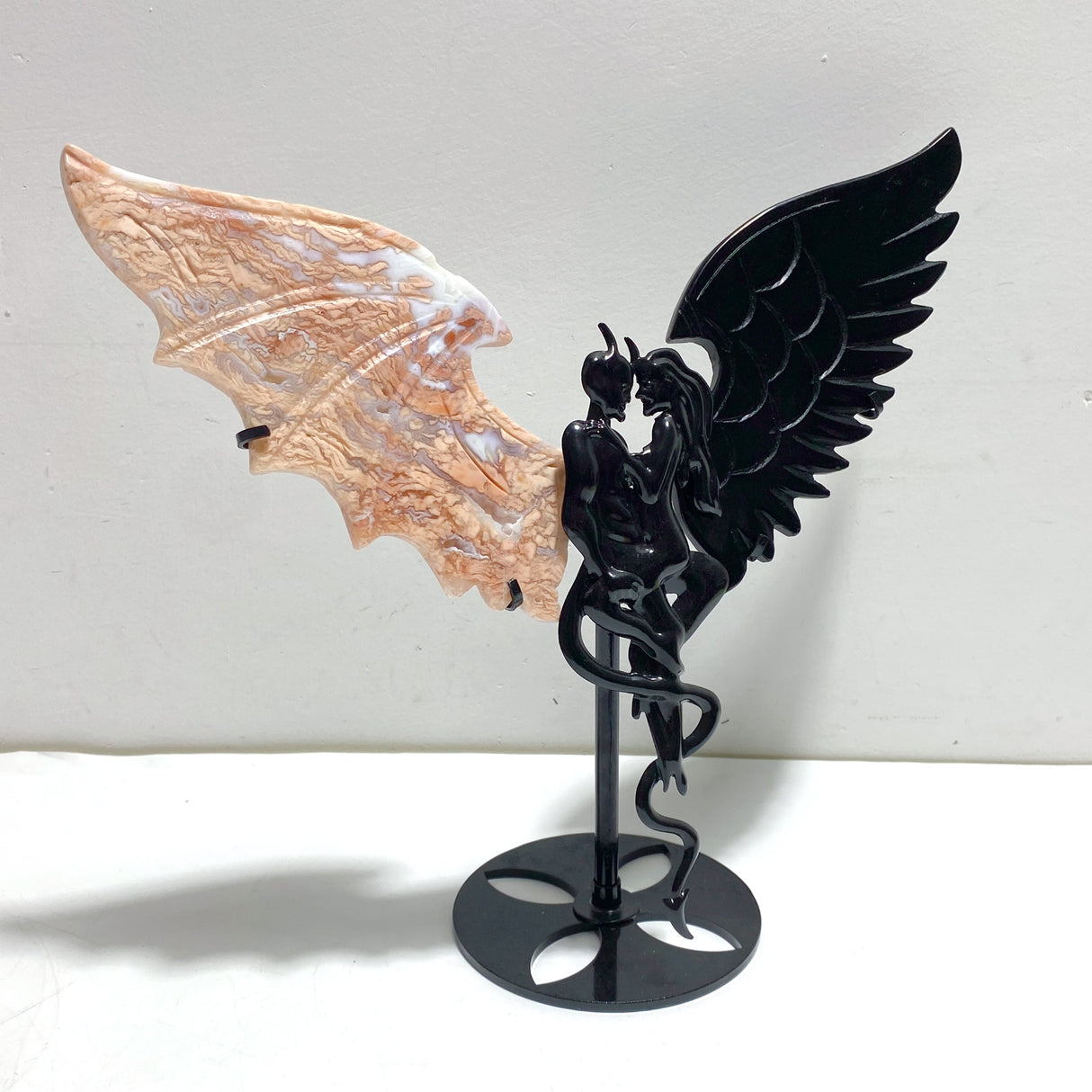 Unique Pink Agate Black Obsidian Demon and Angel Wing Carving With Stand