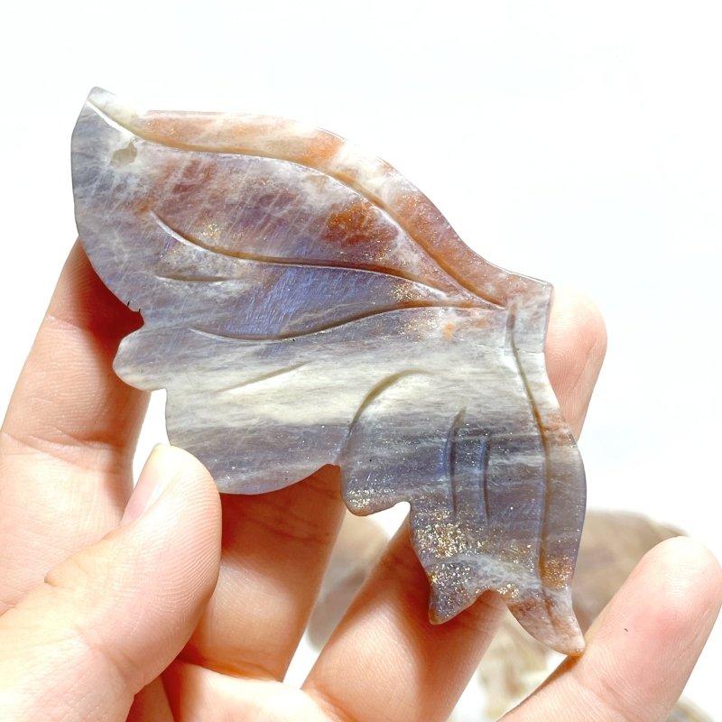 6 Pairs Sunstone Mixed Moonstone Butterfly Wing Carving With Stand - Wholesale Crystals