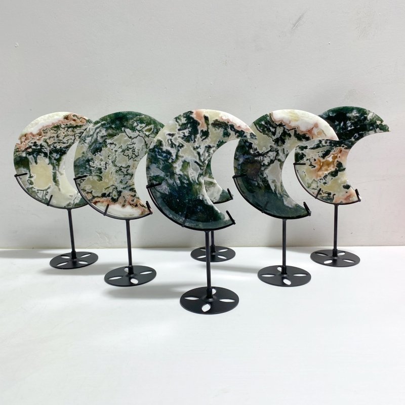 6 Pieces Large Geode Green & Pink Moss Agate Moon With Stand Home Decor -Wholesale Crystals