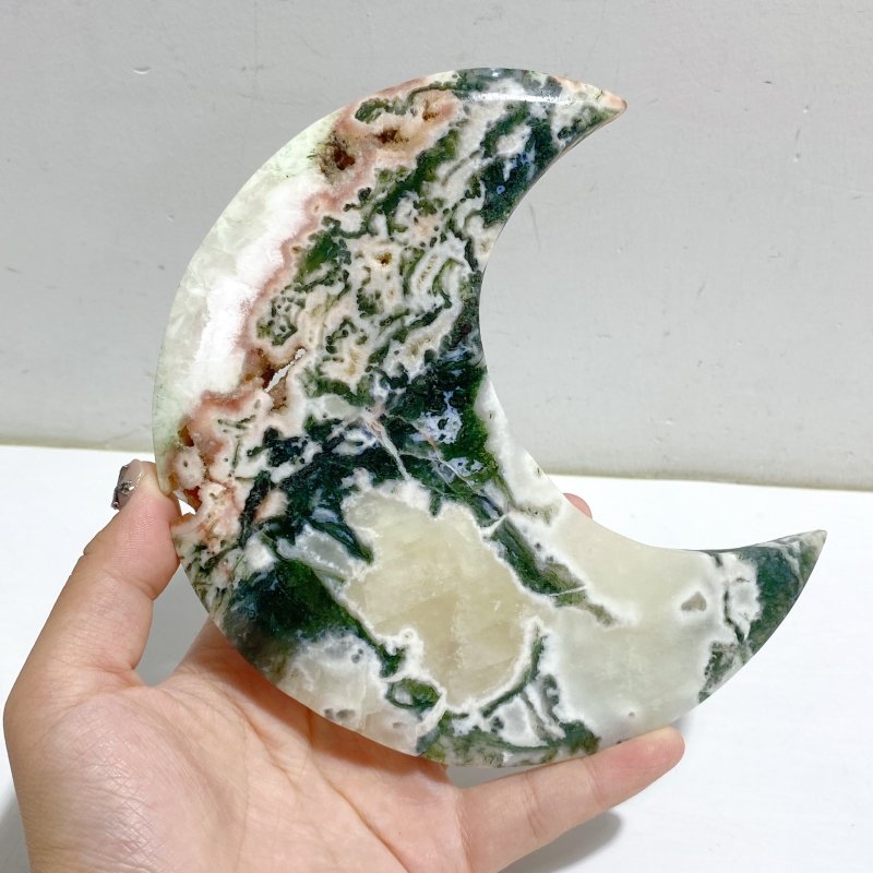 6 Pieces Large Geode Green & Pink Moss Agate Moon With Stand Home Decor -Wholesale Crystals