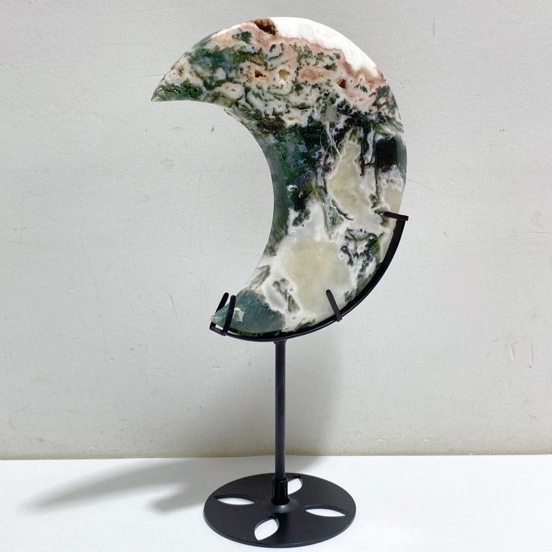 6 Pieces Large Geode Green & Pink Moss Agate Moon With Stand Home Decor -Wholesale Crystals