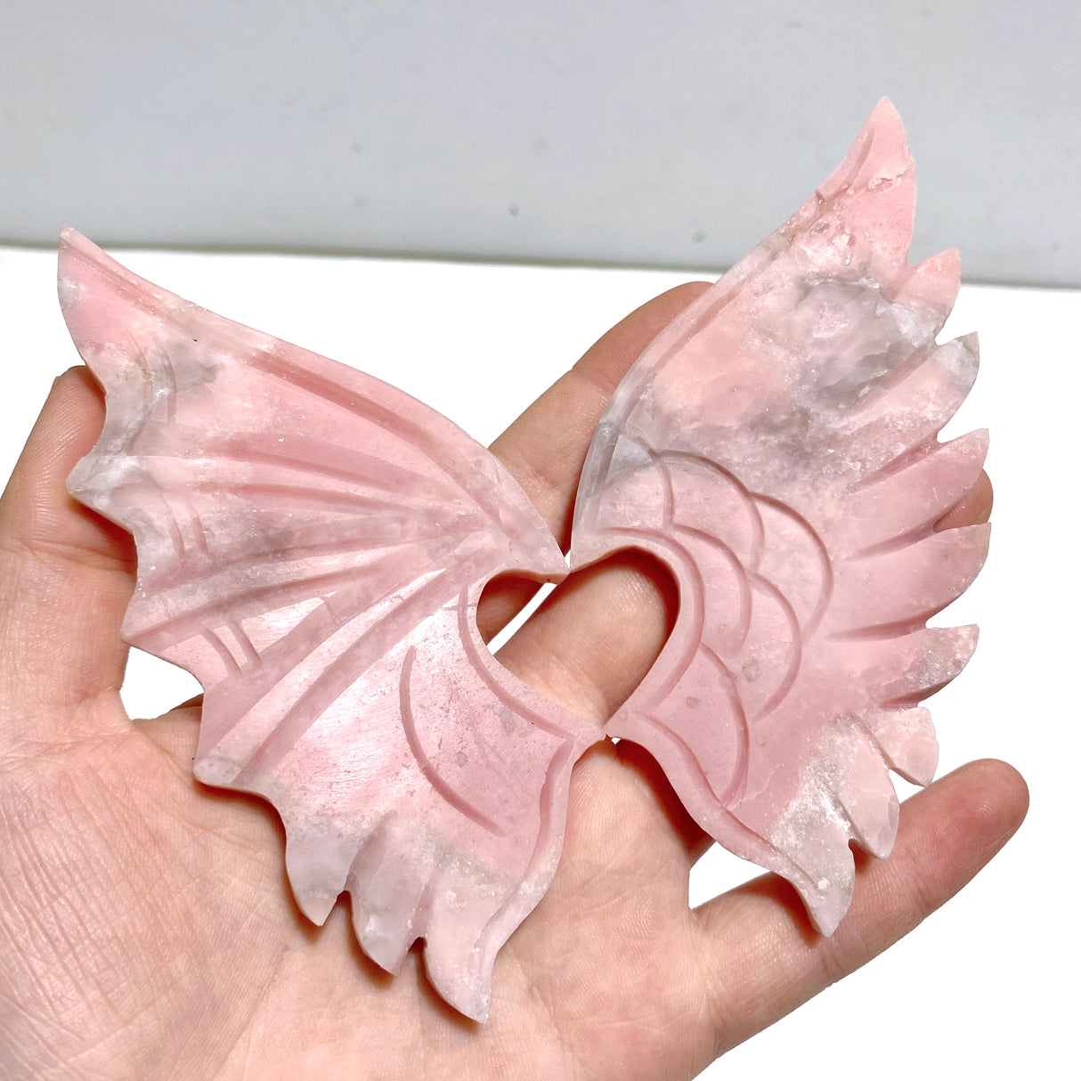 2 Pairs Pink Opal Demon Angel Wing Carving With Stand