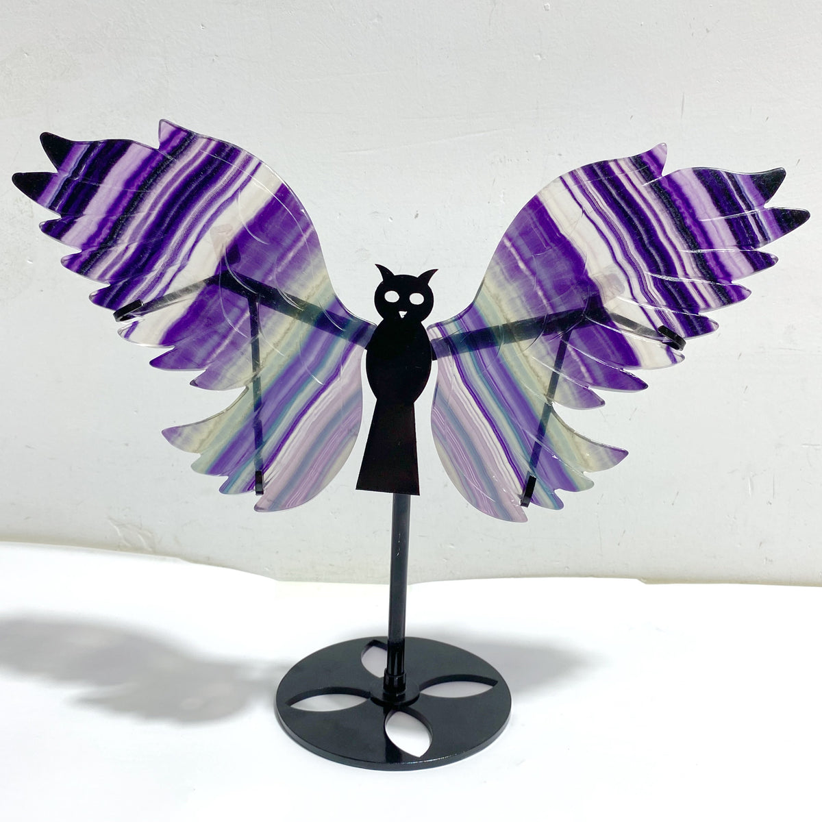Beautiful Rainbow Fluorite Symmetry Owl Wing Carving With Stand