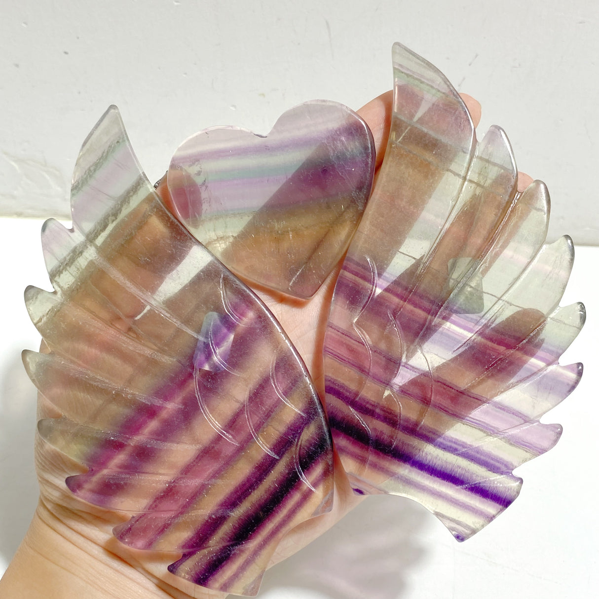 Unique Symmetrical Fluorite Heart Wing Carving With Stand