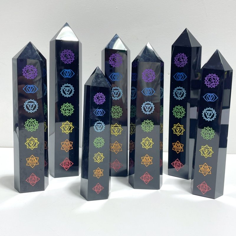 7 Pieces Large Obsidian 7 Chakra Tower Point - Wholesale Crystals
