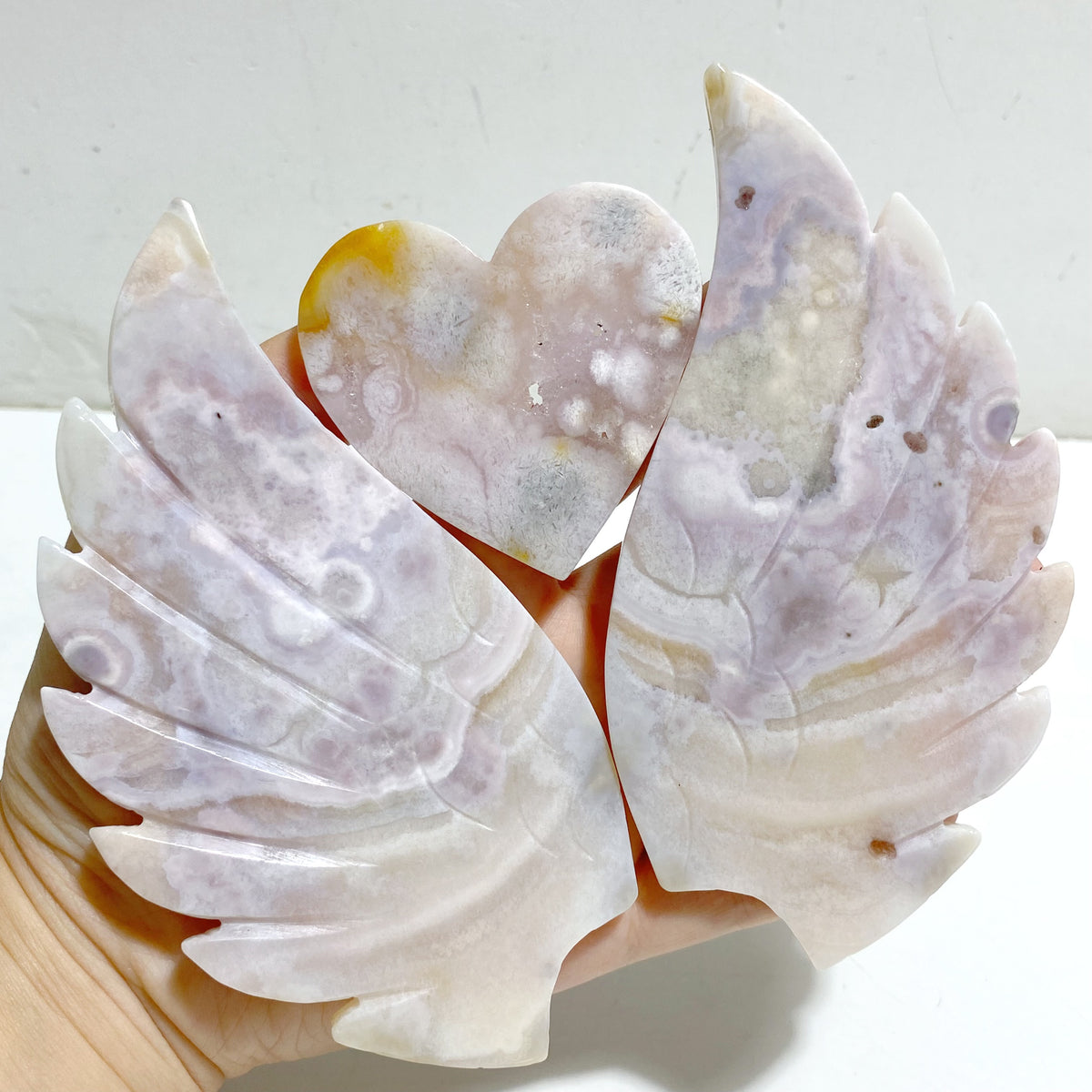 Pink Amethyst Heart Wing Carving With Stand