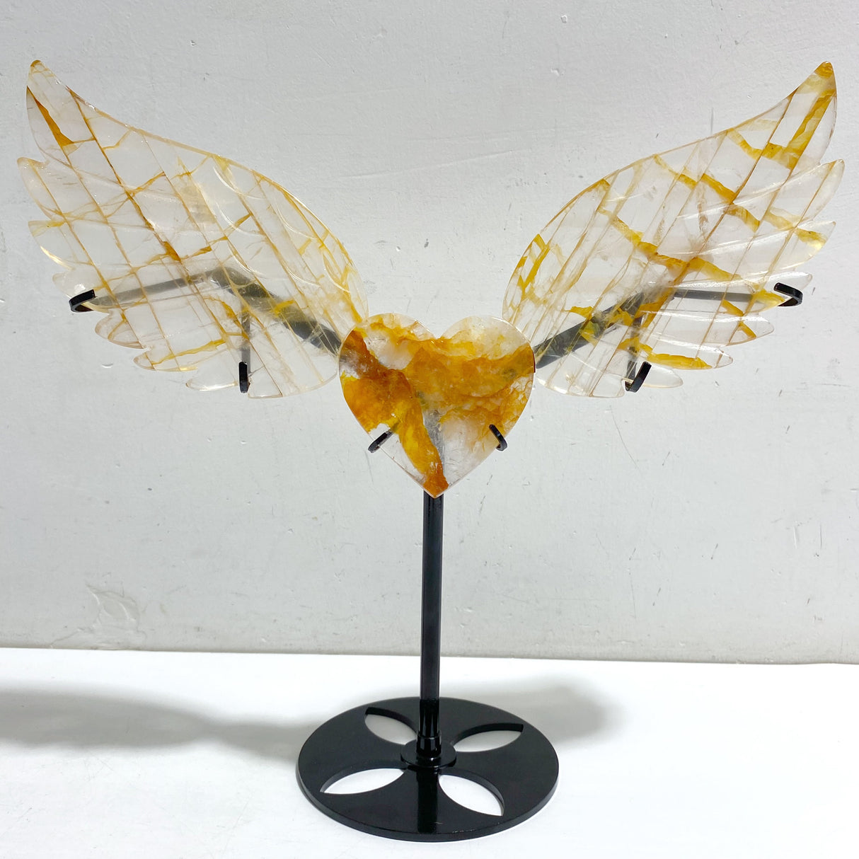 Golden Hematoid Quartz Heart Wing Carving With Stand Fire Quartz