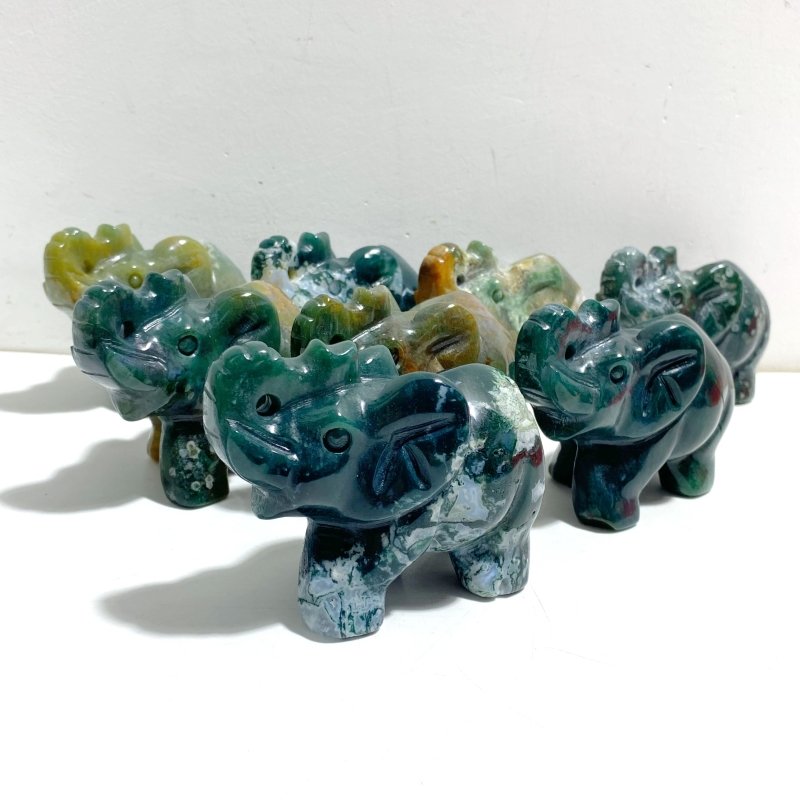 8 Pieces Moss Agate Elephant Carving - Wholesale Crystals