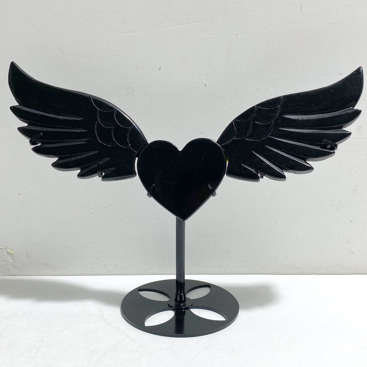 Black Obsidian Heart Wing Carving With Stand